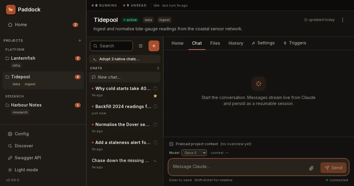 The chat list sidebar with an "Adopt 3 native chats…" row sitting directly above the CHATS label, followed by the project's existing chats