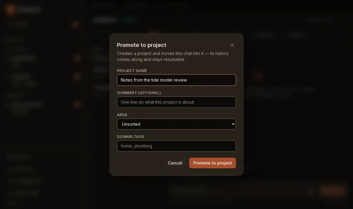 The "Promote to project" dialog over a root chat, with the project name pre-filled from the chat's title and empty optional fields for summary, area and domain tags